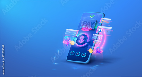 Fast payment by smartphone. International currency transfer, payment via smartphone, contactless payment. New online translation technologies. Vector illustration