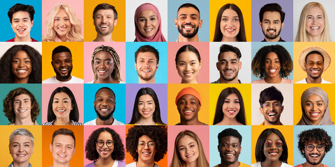 Collection of people of different races on studio backgrounds, collage