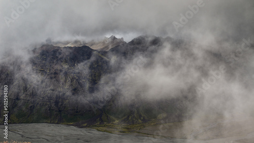 A moody view of low clouds above Morsardalur valley, Skaftafell, Vatnajökull National Park, South Iceland