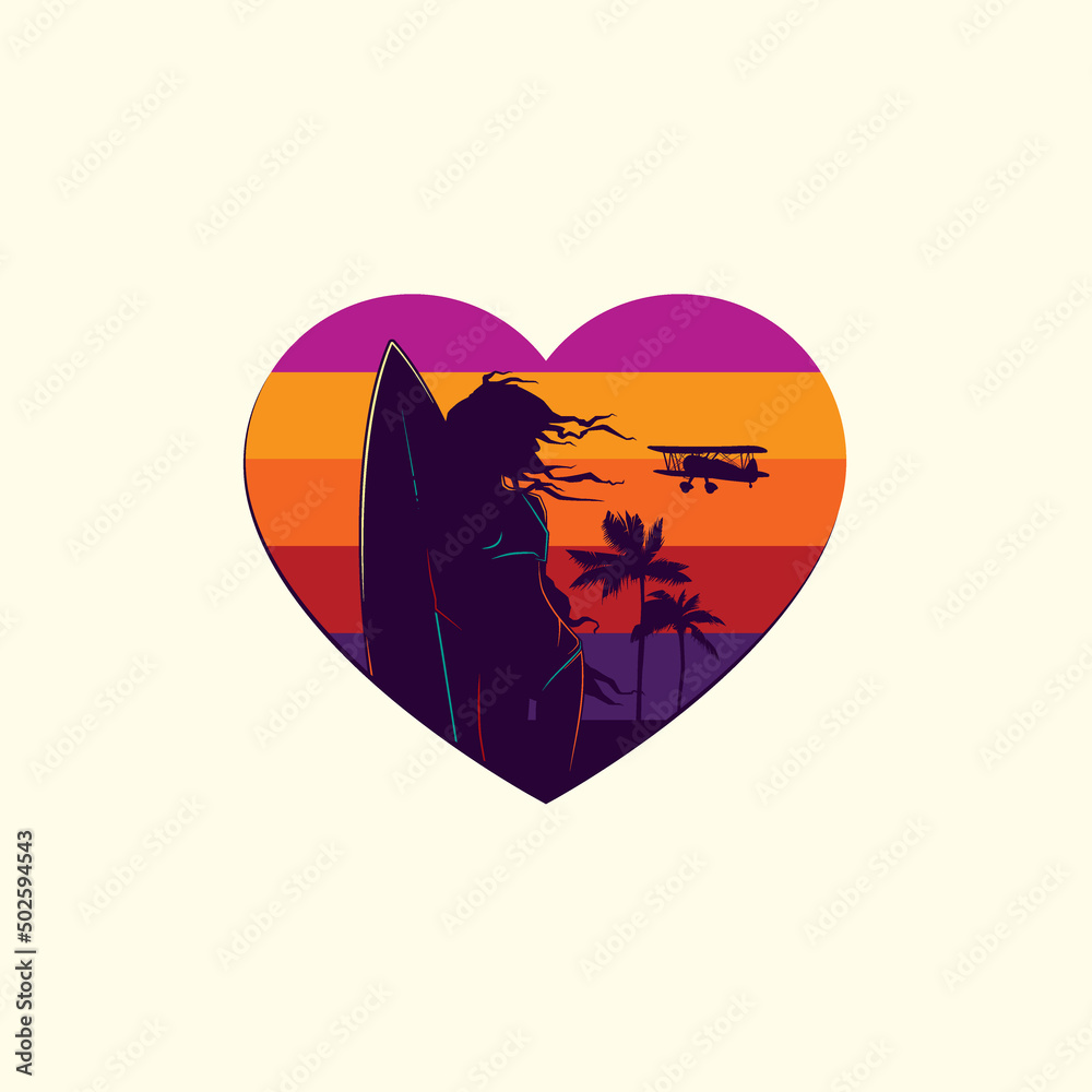 Original vector illustration. A girl and surfing, palm trees and a plane on the background of a retro sunset in the shape of a heart in the style of the 80s. T-shirt design, design element. Original vector illustration. A girl and surfing, palm trees and a plane on the background of a retro sunset in the shape of a heart in the style of the 80s. T-shirt design, design element.