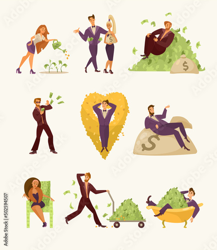 Rich men and women cartoon illustration set. Happy millionaires or bankers sitting on huge bag of money, lying in bathtub full of banknotes, watering money tree. Wealth, finance, success concept