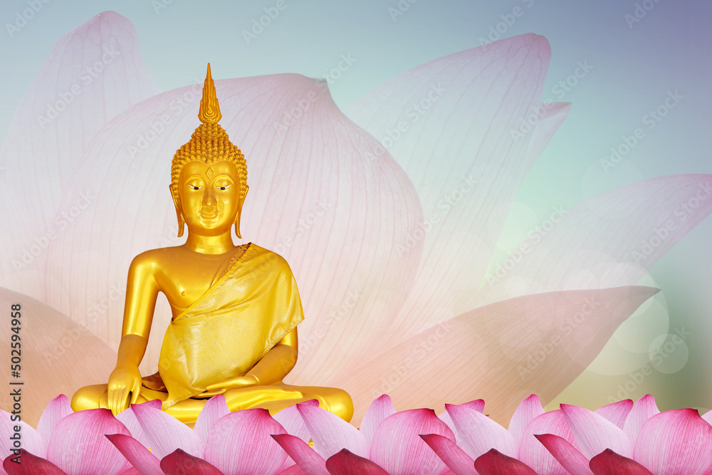 Buddha statue. background blurred flowers and sky with the light of the sun.Makha Bucha Day.Vesak Day.Asanha Bucha.Buddhist Lent. Buddha statue. background blurred flowers and sky with the light of the sun.Makha Bucha Day.Vesak Day.Asanha Bucha.Buddhist Lent.