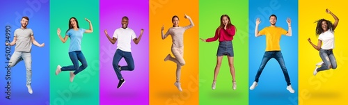 Happy multiethnic millennials grimacing and gesturing on colorful backgrounds