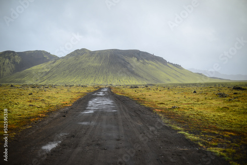 A rainy day on the bleak volcanic landscape on the rough F-225 road leading to Landmannalaugar, Fjallabak Nature Reserve, Central Highlands, Iceland