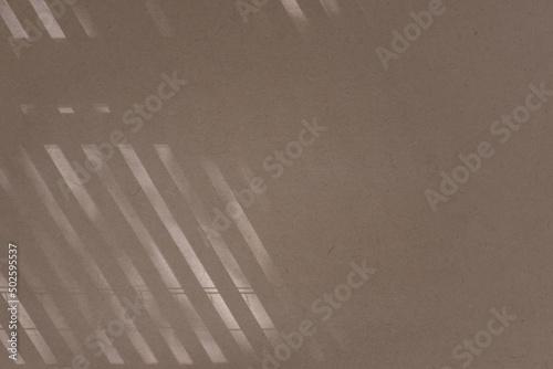 Top view flat lay background with organic shadows, bokeh, and texture on a brown colored kraft paper background. Minimal summer lights and shadow concept.