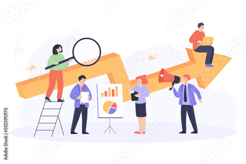 Business people working together on project. Men and women sitting on huge arrow, analyzing diagrams flat vector illustration. Achievement, company, teamwork concept