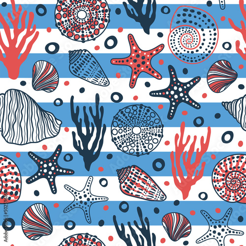 Nautical seamless pattern. Stripped marine vector background with seashells and fossils. Cute fashion print with sea animals
