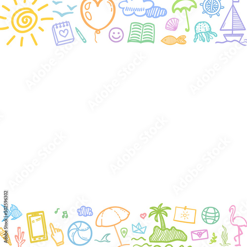 Hand drawn colored holiday elements. Colorful sketchy doodles. Summer holidays. Vacation trip. Web banner