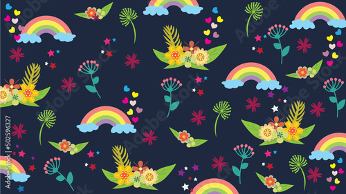 Flower seamless pattern design for background, wallpaper, wrapping paper, backdrop, fabric. Wrapping paper with flowers, love, stars, rainbow elements and dark blue color background.