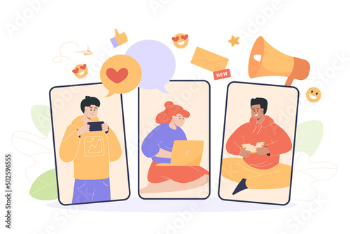 People on mobile phone screens flat vector illustration. Friends communicating through social networks, using laptop, computer or smartphone. Online communication concept