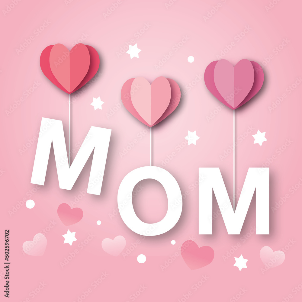 Mom sign with many heart and stars on pink background. Greeting card for Mother’s Day. Mother concept. poster and postcard, banner. space for the text. illustration paper cut design style.