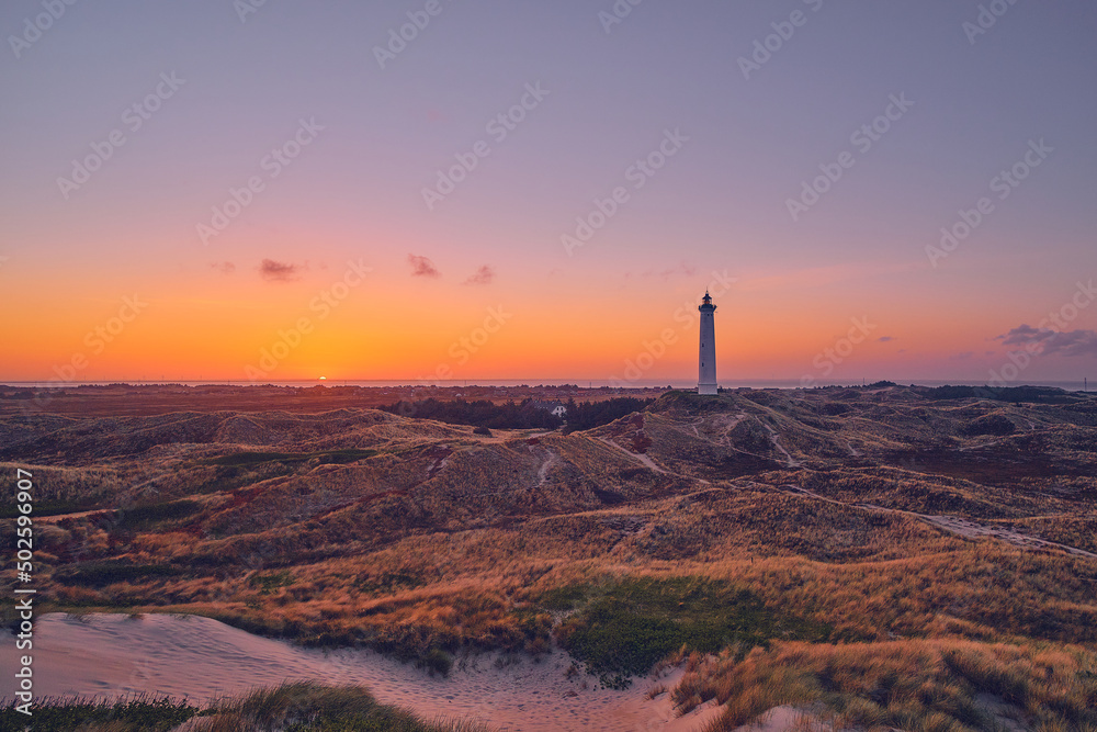 Sunrise over the danish dunes at lyngvig fyr. High quality photo - obrazy, fototapety, plakaty 