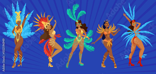 Beautiful samba dancers cartoon illustration set. Girls in carnival costumes dancing on parade in Rio, Brazil. Female people on blue background. Hobby, party, entertainment concept