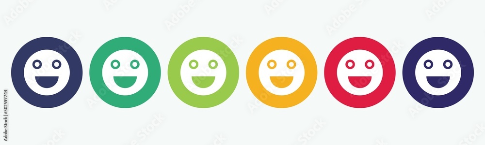 6 circles set with happy face emoji or emoticon icon in various colors. Vector illustration. 6 circles set with happy face emoji or emoticon icon in various colors. Vector illustration.
