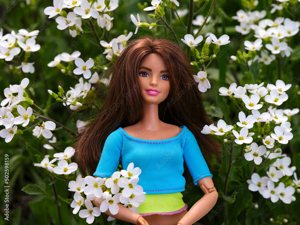 Tambov, Russian Federation - April 30, 2022 A Brunette Barbie doll standing  among white flowers outdoors. Stock Photo | Adobe Stock