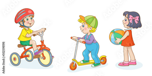 Children on a walk. Two boys on a bicycle and a scooter and one girl with a ball. In cartoon style. Isolated on white background. Vector illustration