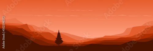 mountain with a pine tree silhouette flat design vector banner template good for web banner, ads banner, tourism banner, wallpaper, background template, and adventure design backdrop
