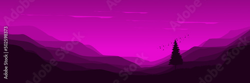 mountain with a pine tree silhouette flat design vector banner template good for web banner, ads banner, tourism banner, wallpaper, background template, and adventure design backdrop