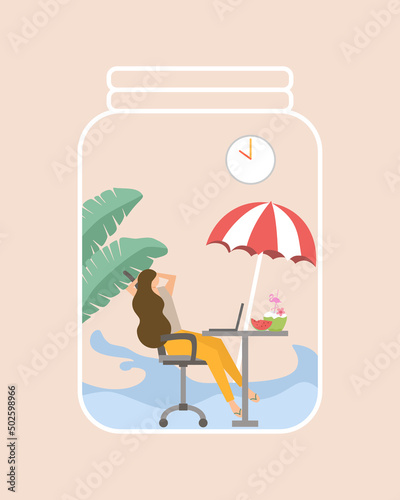 Business woman is taking a break at the beach, a woman is chilling out at the beach, flat design of work life balance vector, a woman is sitting on a chair at the beach, work lifestyle of businessman.