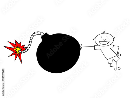 A man stands next to a bomb about to explode and smiles. The concept of carelessness and unexpected danger.
