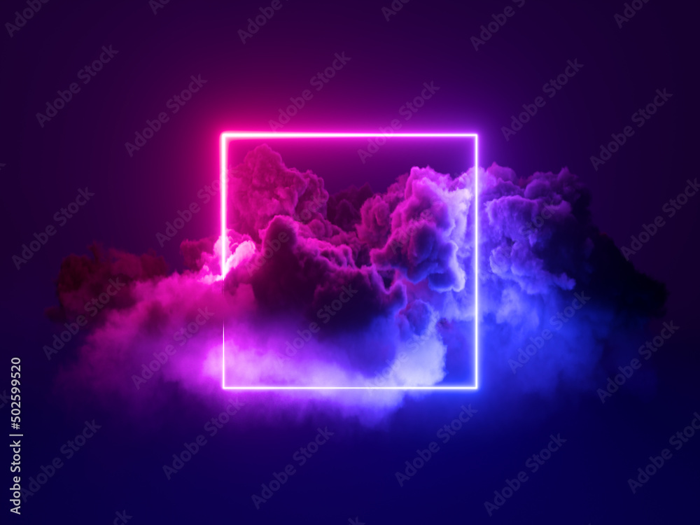 3d rendering, abstract geometrical background with square neon frame and stormy cloud glowing with pink blue light - obrazy, fototapety, plakaty 