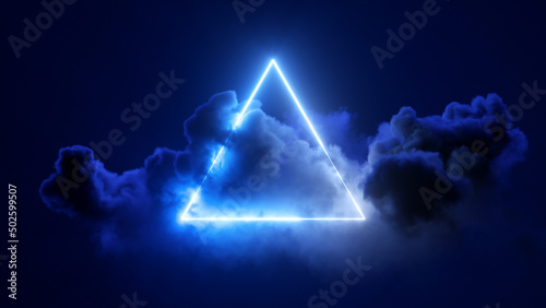 3d rendering, abstract futuristic background, neon triangle and stormy cloud on night sky. Triangular frame with copy space photo