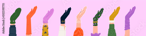 Different gloves set. Elegant woman hands accessories from leather, knit, velvet, silk, fabric, sheer tulle. Trendy outfit for autumn or winter with mitten, shortie, garment, lace. Isolated vector