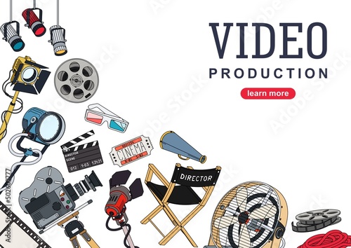 Background mockup for video studio. Poster design with a set of equipment and tools for the film industry and filming video clips. Vector illustration