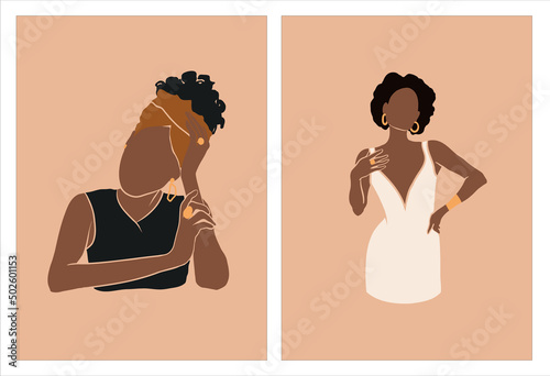 Set of flat, cartoon abstract fashion illustration of black womans with trendy jewellery