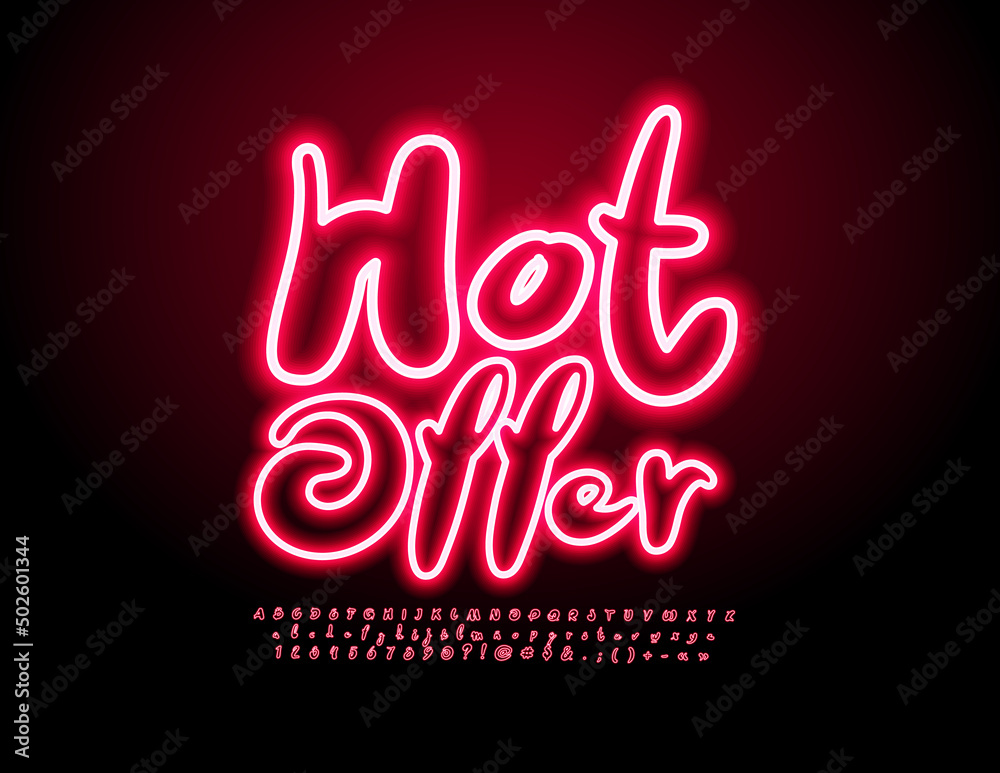 Vector advertising Sign Hot Offer. Handwritten Neon Font. Red electric Alphabet Letters and Numbers Vector advertising Sign Hot Offer. Handwritten Neon Font. Red electric Alphabet Letters and Numbers
