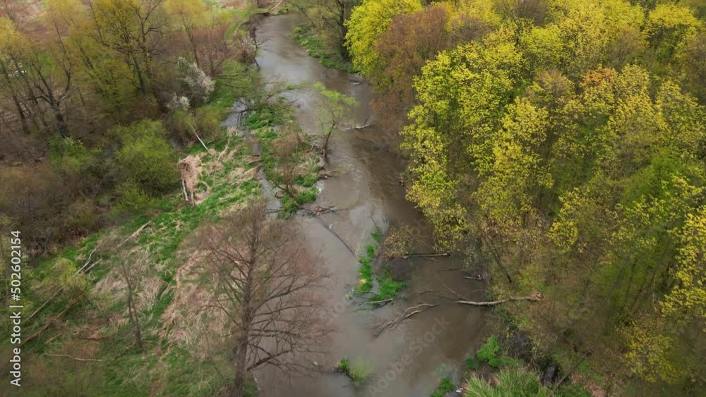 Drone flight over spring river among green forest trees, Nature panorama, Non urban scene