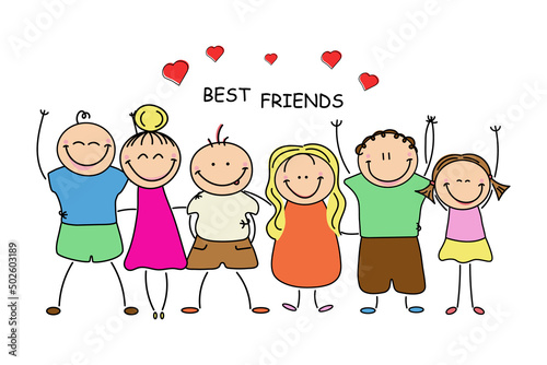 Hand drawn children's characters and hearts. Best friends together. Inscription best friends.