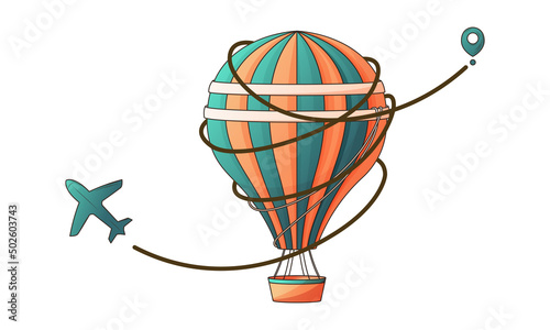 Aircraft route. Vector travel illustration of hot air balloon and airplane. Movement from the starting point. Travel around the world. Time to travel. Hand-drawn bright illustration for design.