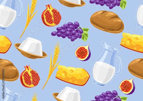 Happy Shavuot seamless pattern. Holiday background with Jewish traditional symbols.