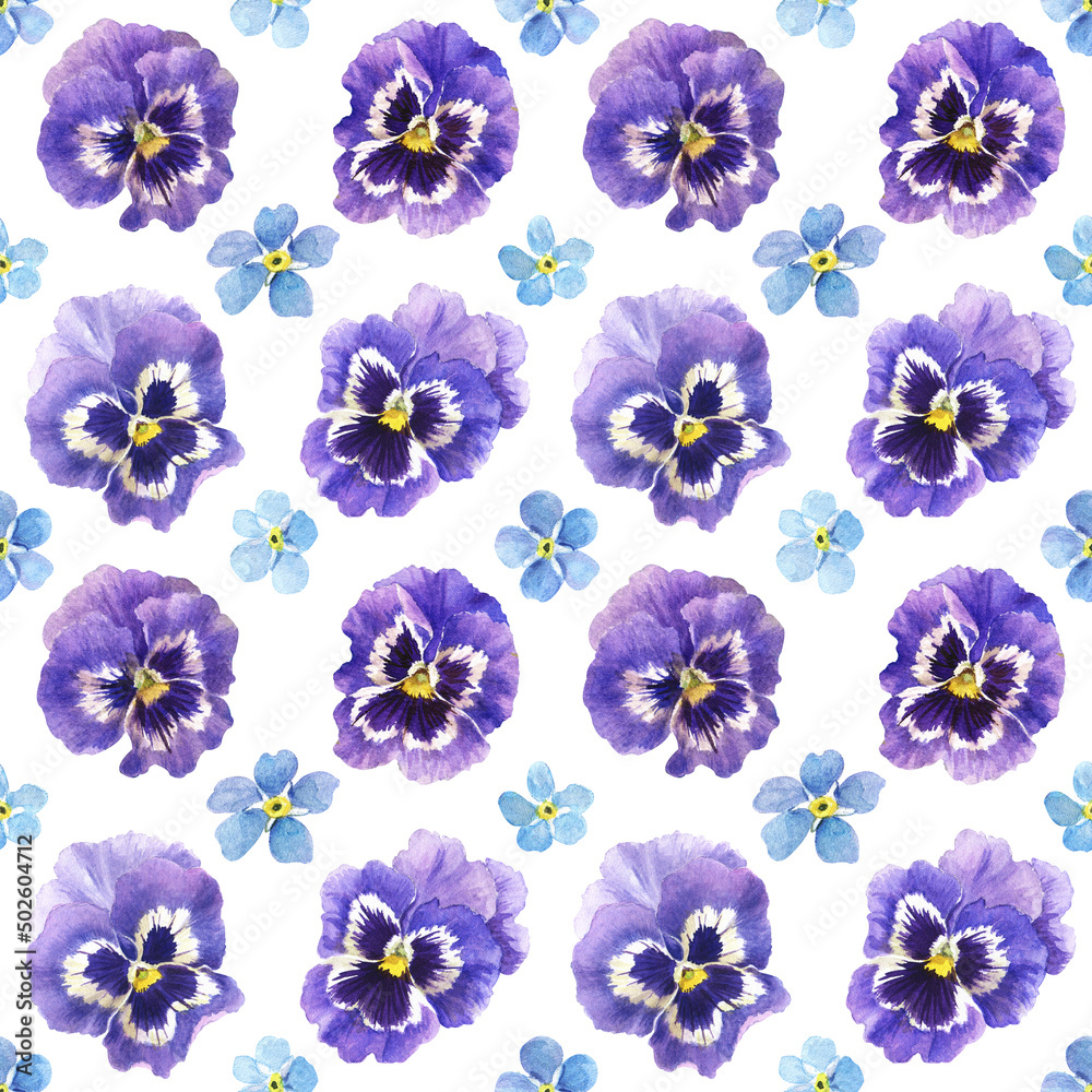Watercolor spring flowers - forget me nots. Seamless pattern of small flowers and pansies, botanical illustration