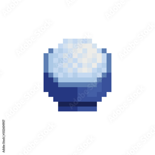Bowl with rise pixel art 8-bit icon. Bowl isolated vector illustration. Design for  logo, web, mobile app. 