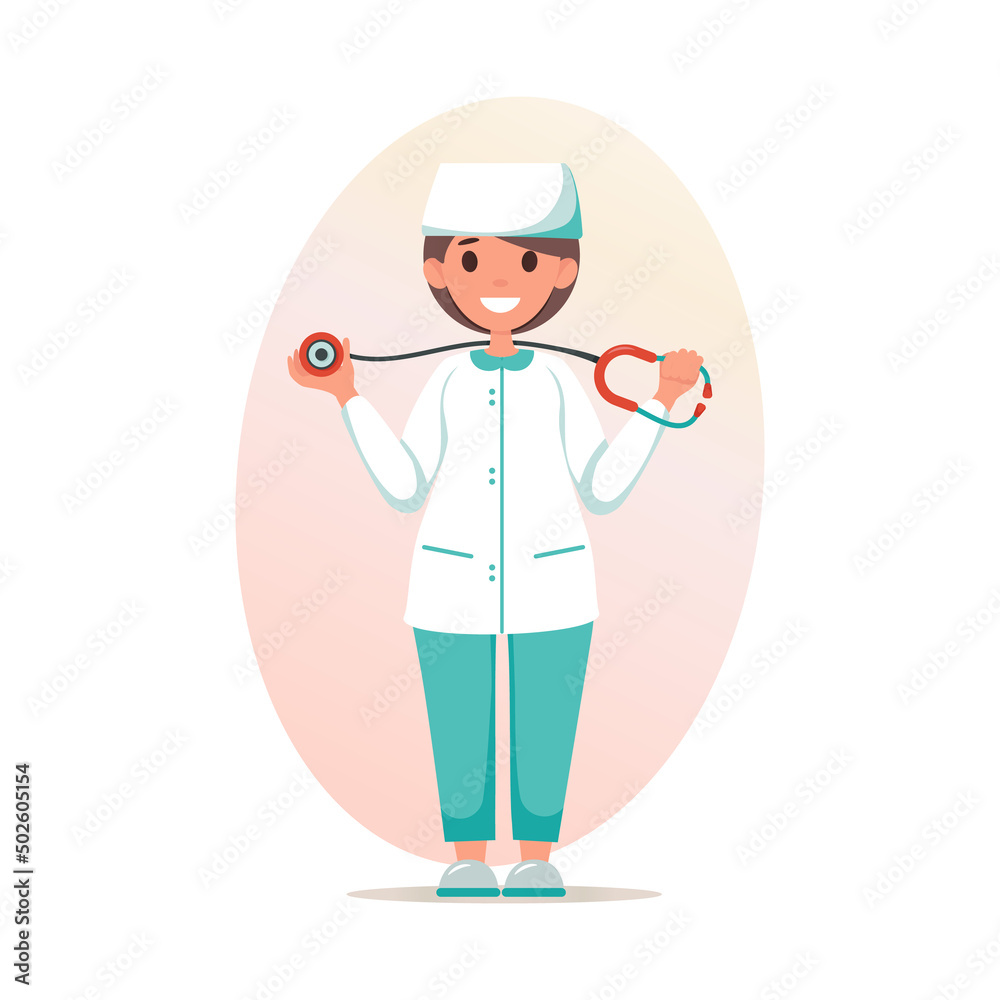 Obraz premium Nurse with stethoscope. Smiling kind doctor in medical clothes with diagnostic equipment. Medical worker, specialist. For medical websites, applications, posters, banners. Vector illustration