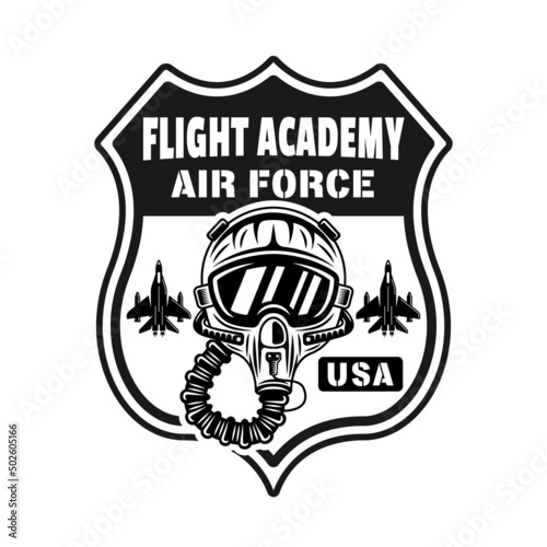 Flight academy vector emblem, badge, label, logo or t-shirt print with pilot helmet in monochrome vintage style isolated on white background