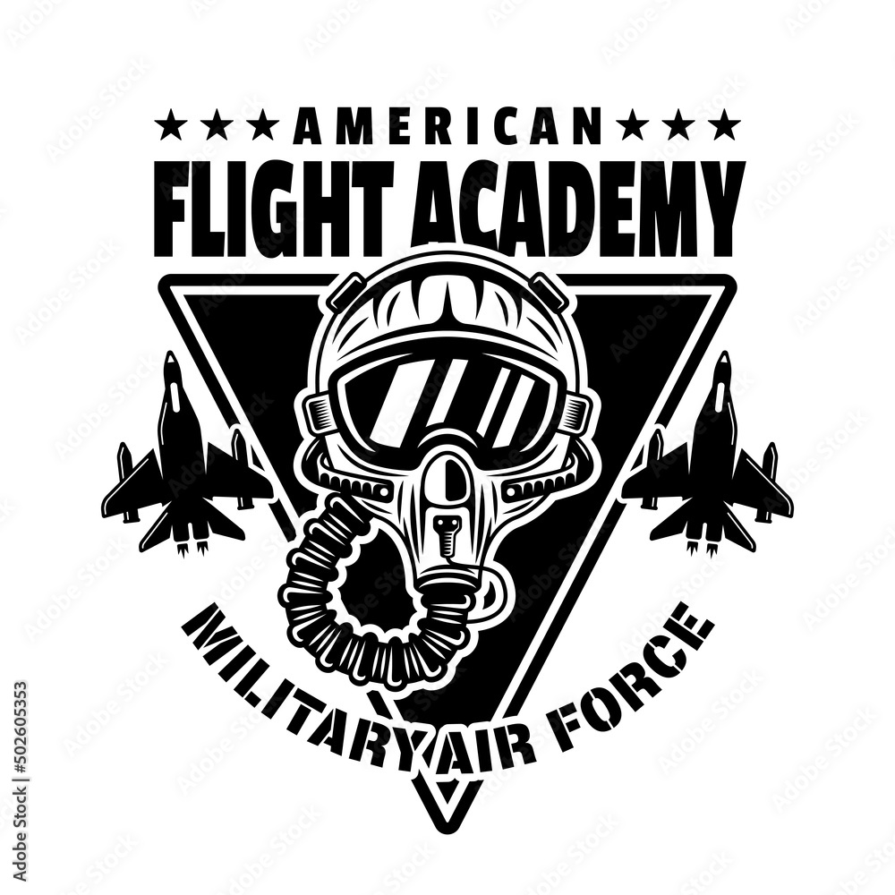 American flight academy vector emblem, badge, label, logo or t-shirt print with pilot helmet in monochrome vintage style isolated on white background
