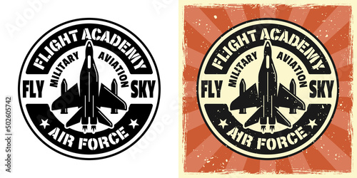 Flight academy vector emblem, badge, label, logo or t-shirt print. Two styles monochrome and vintage colored with removable grunge textures