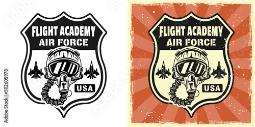 American flight academy vector emblem, badge, label, logo or t-shirt print with pilot helmet. Two styles monochrome and vintage colored with removable grunge textures