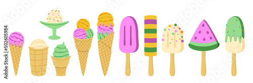 Ice cream in cone, on stick and in bowl, set of popsicle, ice cream cone, ice lolly, waffle cup, summer desserts, sweet food isolated on white © Mint and Berry