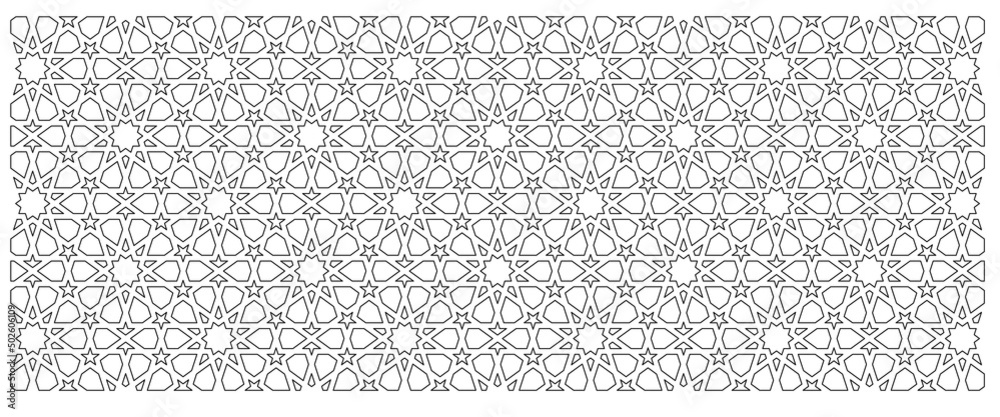 2D CAD drawing of Islamic geometric pattern. Islamic patterns use elements of geometry that are repeated in their designs. The pattern is drawn in black and white. 
