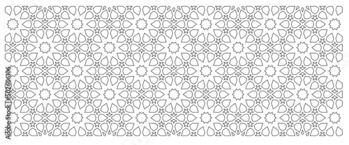 2D CAD drawing of Islamic geometric pattern. Islamic patterns use elements of geometry that are repeated in their designs. The pattern is drawn in black and white. 
