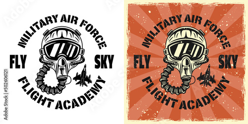 American flight academy vector emblem, badge, label, logo or t-shirt print with pilot helmet. Two styles monochrome and vintage colored with removable grunge textures