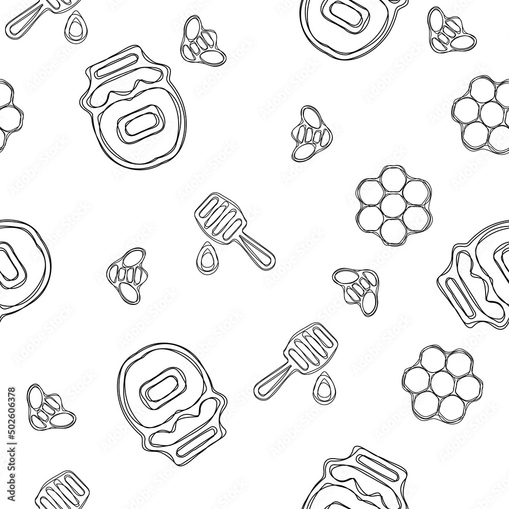 Seamless pattern hand-drawn by watercolor. Isolated on white background. Bee, honey, summer objects. Organic, natural design