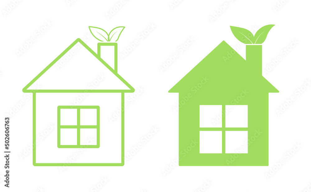 two green house icons on white background and green house line with plant leaves showing from chimney. Ecological home heating concept. ECO. Simple vector illustration two green house icons on white background and green house line with plant leaves showing from chimney. Ecological home heating concept. ECO. Simple vector illustration