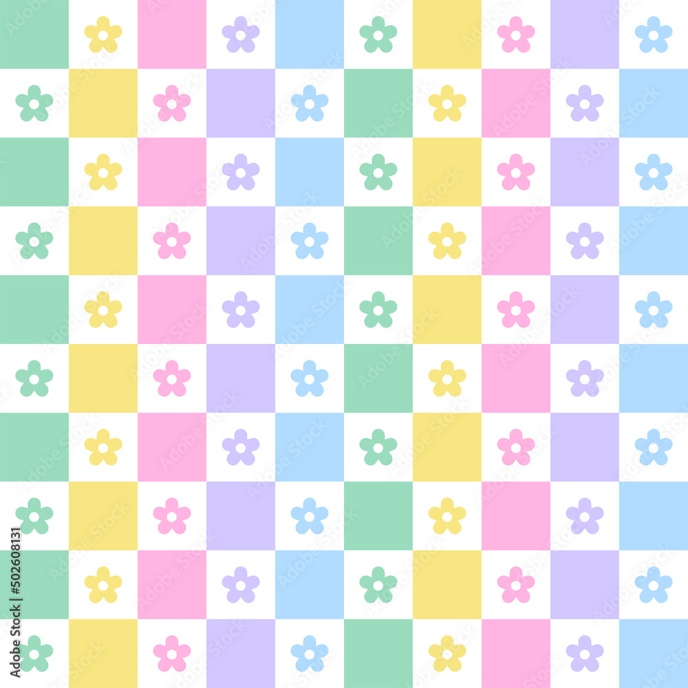 Pastel Rainbow Daisy Flower Bloom Check Checkered Gingham Pattern Illustration Wrapping Paper, Picnic Mat, Tablecloth, Fabric Background Pastel Rainbow Daisy Flower Bloom Check Checkered Gingham Pattern Illustration Wrapping Paper, Picnic Mat, Tablecloth, Fabric Background