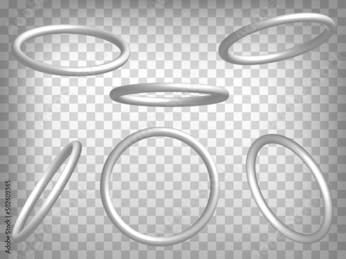 Set of perspective projections 3d torus model icons on transparent background. 3d thin torus. Abstract concept of graphic elements for your web site design, app, UI. EPS 10