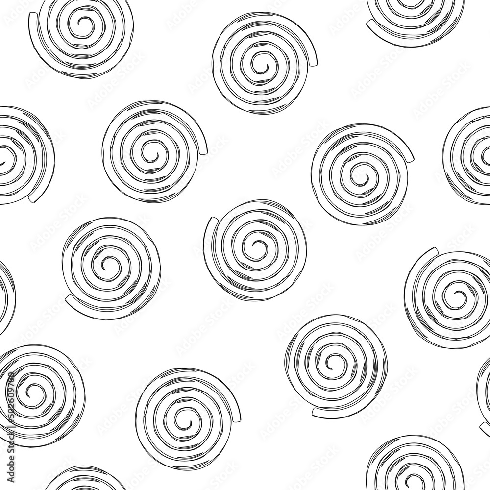 Seamless pattern with licorice wheels candies. Candy flavored licorice. Hand draw illustration.